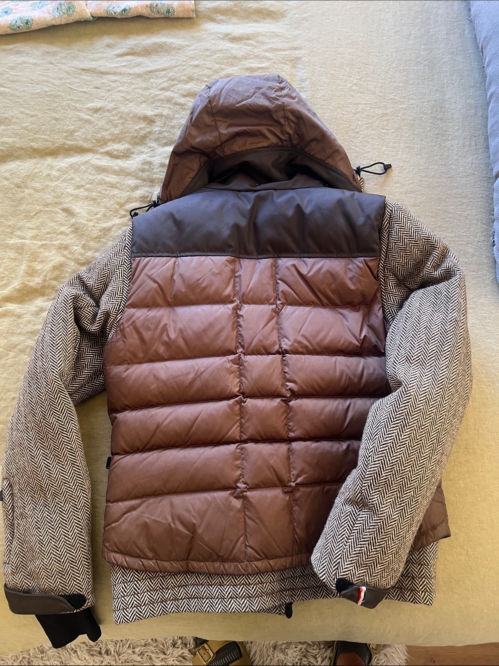 Moncler Brown Quilted & Herringbone Hooded Mixed-Material Jacket - Picture 6 of 8